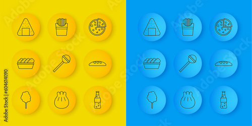 Set line Cotton candy, Chicken nuggets in box, Lollipop, Bottle of water, Bread loaf, Onigiri, Pizza and Potatoes french fries icon. Vector