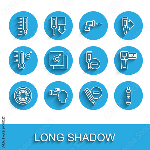 Set line Sun, Checking body temperature, Medical thermometer, Digital, Celsius, and icon. Vector