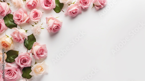 Rose flowers on the white background top view With Generative AI Technology