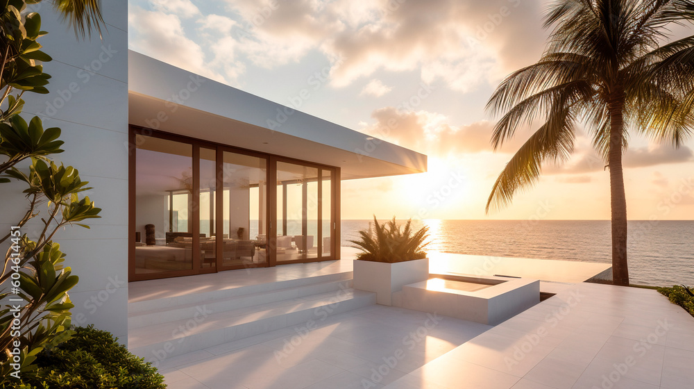 Sea view.Luxury modern white beach hotel with swimming pool. Sunbed on sundeck for vacation home or hotel. Generative ai Edited Sea view.Luxury modern white beach hotel with swimming pool. Sunbed on sundeck for vacation home or hotel. Generative ai Edited