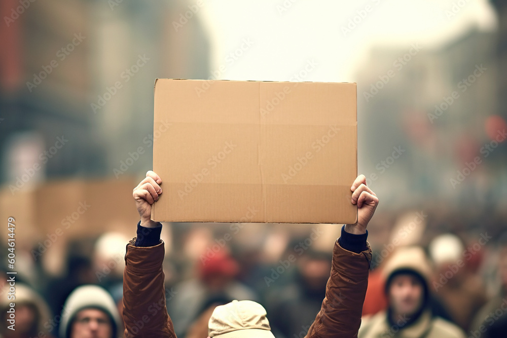 © Jezper - Protestors on the street holding blank cardboard banner sign. Global strike for change, generative ai edited © Jezper - Protestors on the street holding blank cardboard banner sign. Global strike for change, generative ai edited