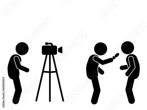 Journalist interviews ,reporter, cameraman, stick figure