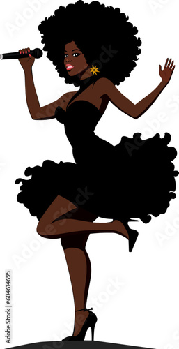 Afro american singer with microphone. Afro hair girl singing and dancing. Pop jazz disco dance music concept. Vector illustration.