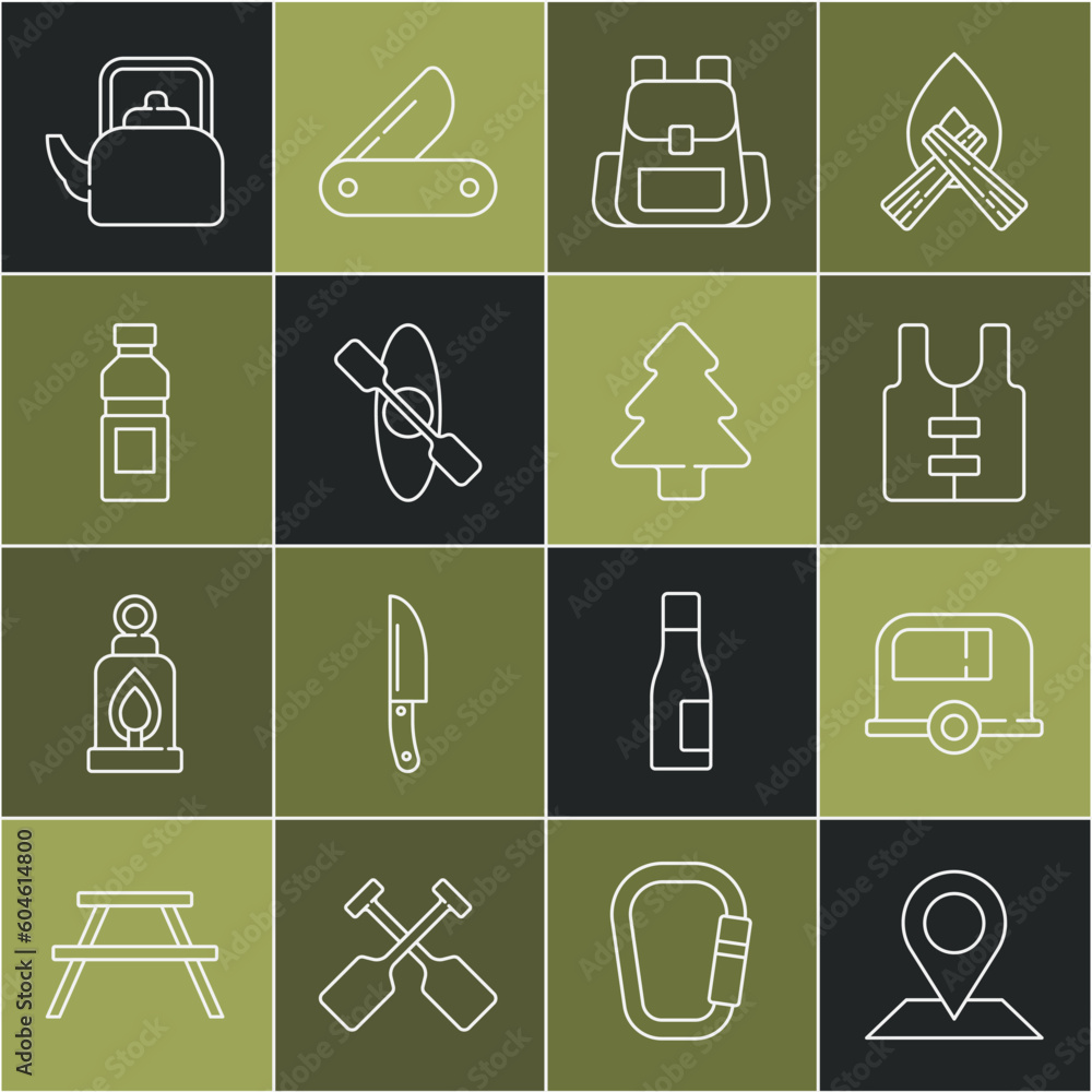 Set line Location, Rv Camping trailer, Life jacket, Hiking backpack, Kayak or canoe, Bottle of water, Kettle with handle and Forest icon. Vector Set line Location, Rv Camping trailer, Life jacket, Hiking backpack, Kayak or canoe, Bottle of water, Kettle with handle and Forest icon. Vector