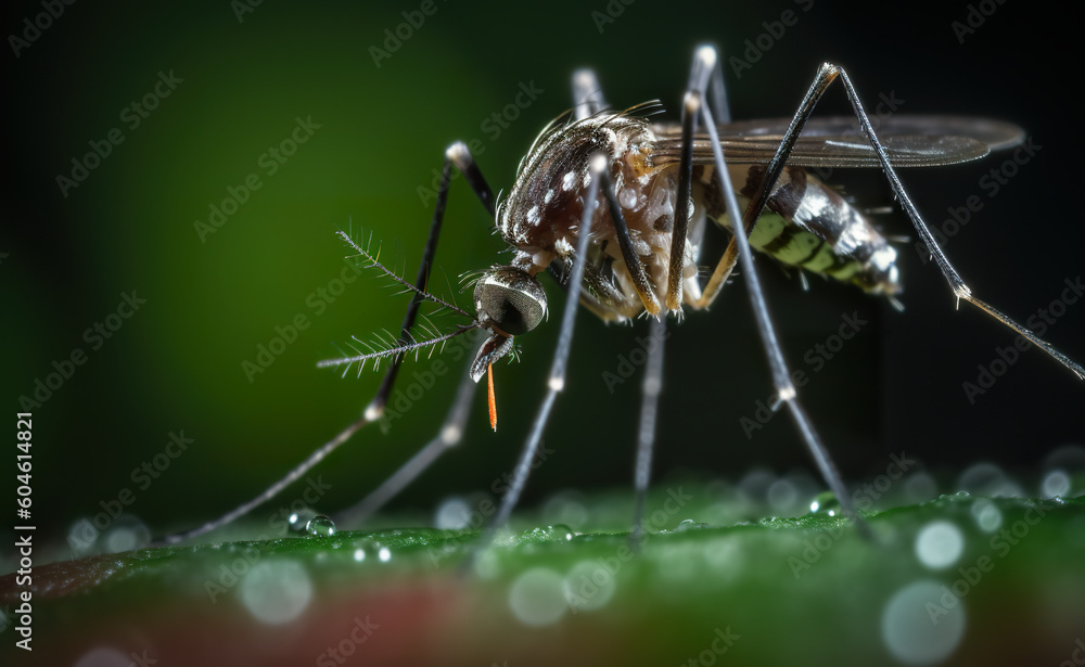 Fototapeta premium A close up of a mosquito on a leaf. Generative AI.