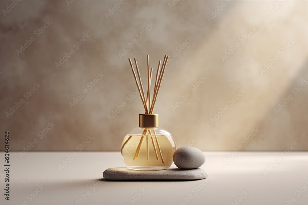 Minimalistic reed diffuser on stone table, bathed in soft sunlight Minimalistic reed diffuser on stone table, bathed in soft sunlight