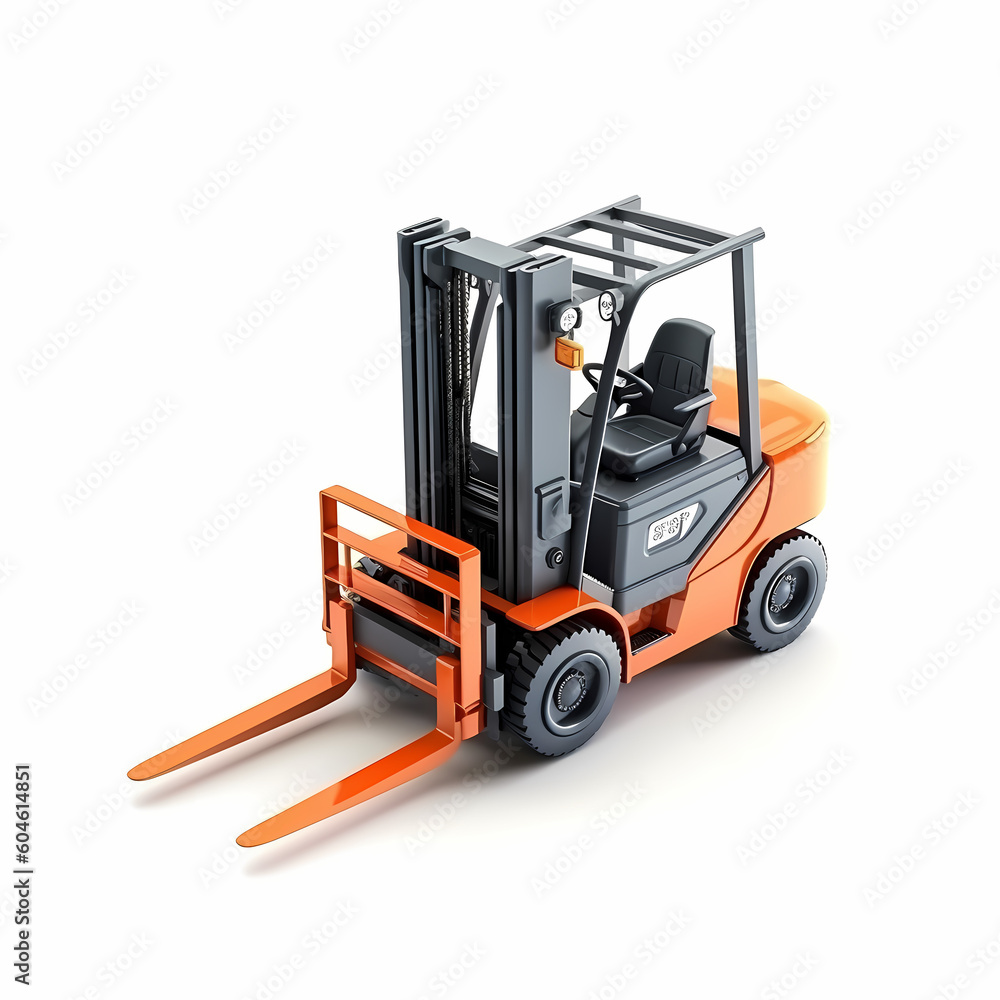 Orange forklift vehicle, 3d render, on white background, AI generated