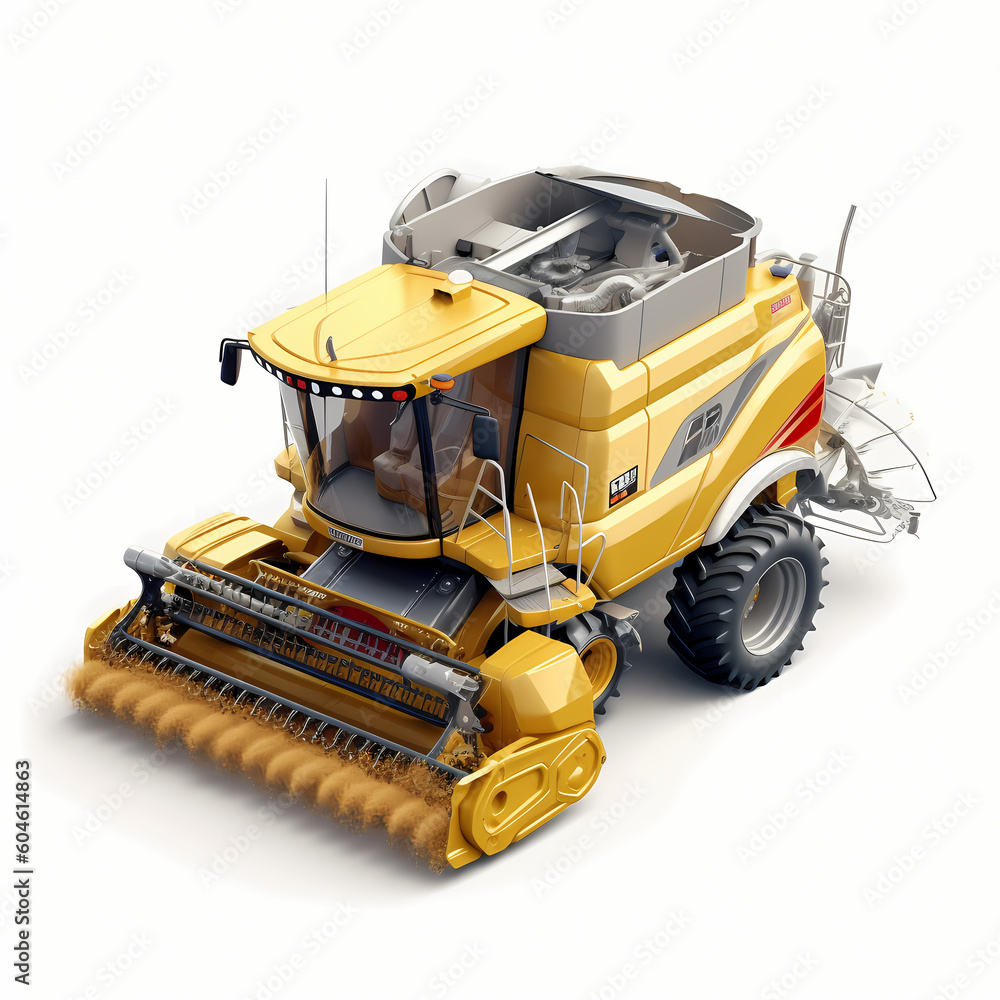 Yellow agricultural combine harvester, 3d render, on white background, AI generated