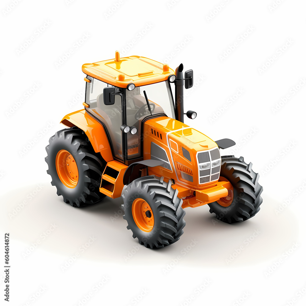 Orange agricultural tractor, 3d render, on white background, AI generated Orange agricultural tractor, 3d render, on white background, AI generated