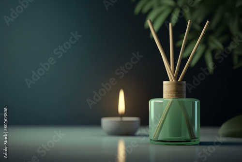 Aroma reed diffuser on green table with leaves and candle in background