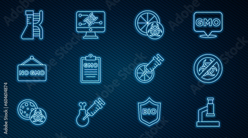 Set line Microscope, Stop GMO, Genetically modified orange, No, DNA research, search, and engineering modification icon. Vector