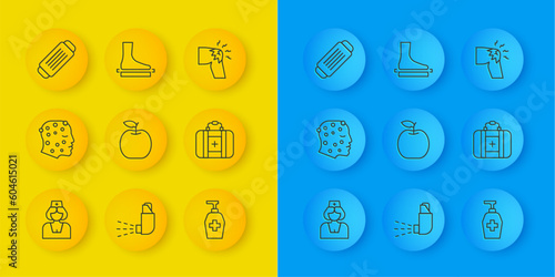 Set line Nurse, Psoriasis or eczema rash, Apple, Liquid antibacterial soap, First aid kit, Medical protective mask, Joint pain, knee pain and Flat foot icon. Vector
