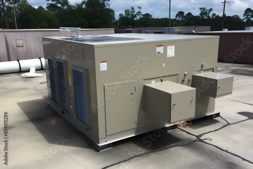 Air conditioner units HVAC on a roof of industrial building with blue sky and clouds in the background. Neural network AI generated art Generative AI photo