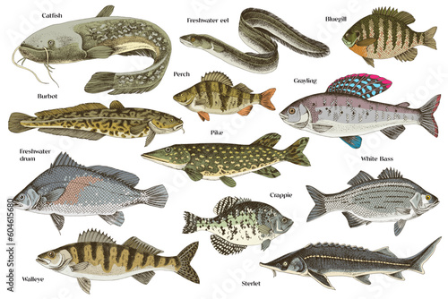 Hand drawn vector illustrations of different fish photo