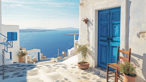 Illustration of a charming white building with a vibrant blue door and window in Santorini - Greek Islands, created with Generative AI technology