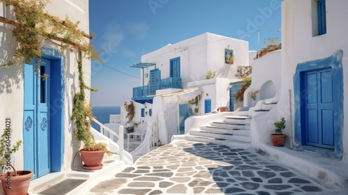 Illustration of a charming white building with a vibrant blue door and window in Santorini - Greek Islands, created with Generative AI technology