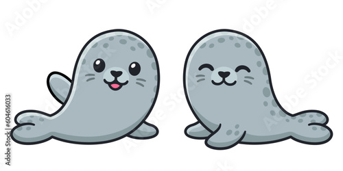 Cute cartoon grey seals. Kawaii grey spotted harbor seal character