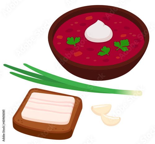 Borscht with salo, Ukrainian food illustration