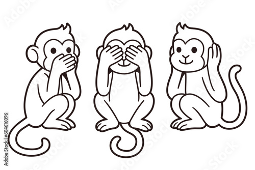 Three wise monkeys line drawing. See no evil, Hear no evil, Speak no evil.