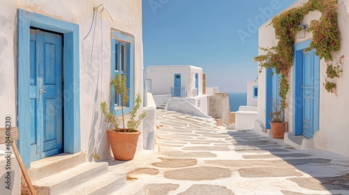 Illustration of a charming white building with a vibrant blue door and window in Santorini - Greek Islands, created with Generative AI technology