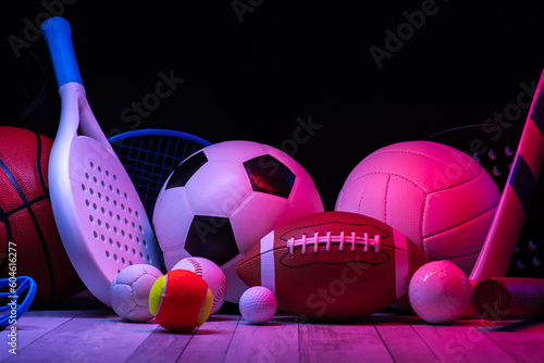Fotografie Sports equipment, rackets and balls on hardwood court floor with neon light background