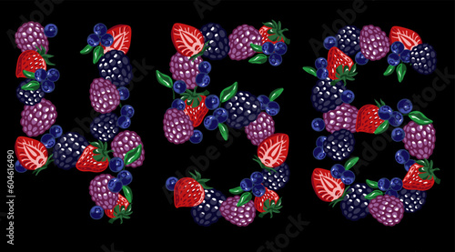 Isolated berries numbers, four, five, six. Figures on the black background. Vector