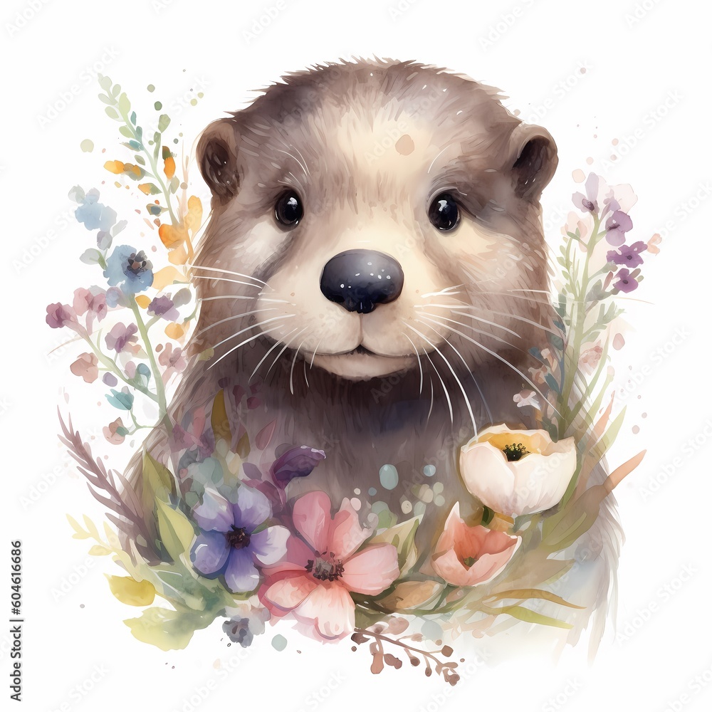 illustration, marmot, cute mammal, drawing with flowers - obrazy, fototapety, plakaty 
