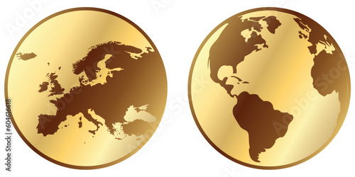 Gold europe and world map in coin for business card and web, vector line