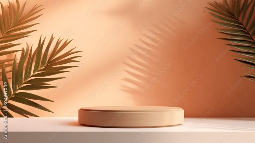 Modern minimal round wooden podium tray on white table. Modern minimal round wooden podium tray on white table.