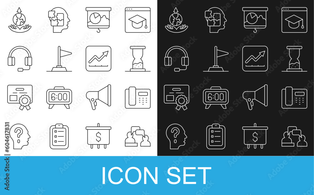 Set line Two sitting men talking, Telephone 24 hours support, Old hourglass with sand, Chalkboard chart, Flag, Headphones, World expansion and Financial growth increase icon. Vector