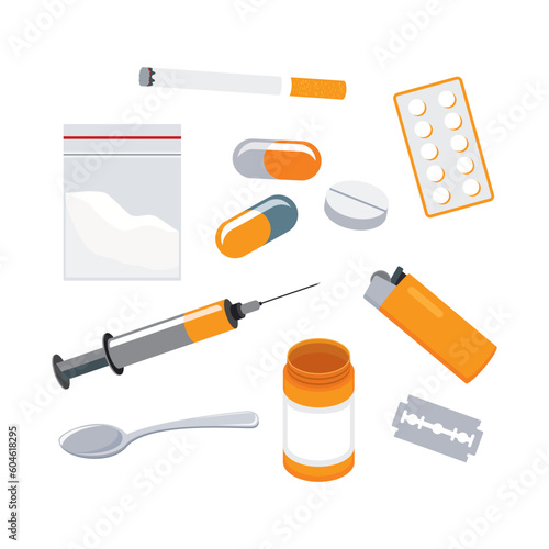 Hard drugs abuse icon set vector. Drugs, pills, injection syringe, spoon, drug plastic bag, lighter, razor color icon set isolated on a white background. Drug addiction symbol