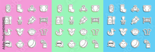 Set line Breast pump, Baby t-shirt, crib cradle bed, Toy car, dummy pacifier, Yogurt in bottle with spoon, Newborn baby infant swaddled and icon. Vector
