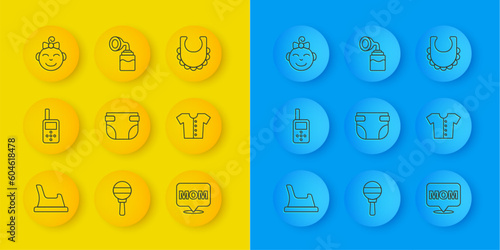 Set line Baby potty, monitor walkie talkie, diaper, Speech bubble mom, t-shirt, Little girl head, bib and Breast pump icon. Vector