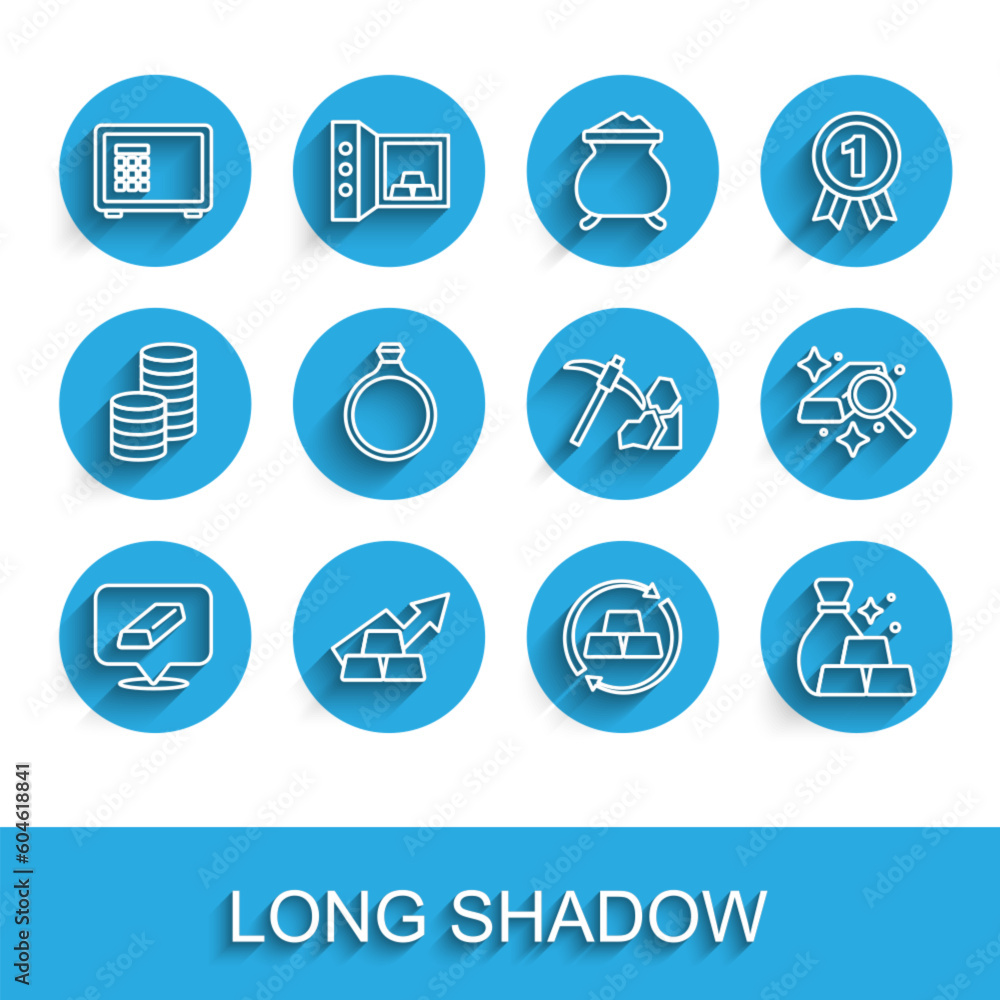 Set line Gold bars, Growth arrow with gold, Safe, exchange money, Bag of, ring, and mining icon. Vector Set line Gold bars, Growth arrow with gold, Safe, exchange money, Bag of, ring, and mining icon. Vector
