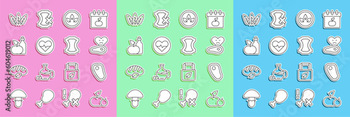 Set line Apple, Steak meat, Vegan food diet, Heart rate, cider vinegar in bottle, Leaf and Leather icon. Vector
