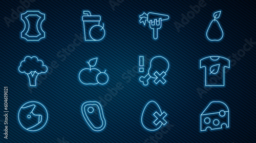 Set line Cheese, Vegan shirt, Carrot, Apple, Broccoli, Leather, No chicken leg and Fresh smoothie icon. Vector
