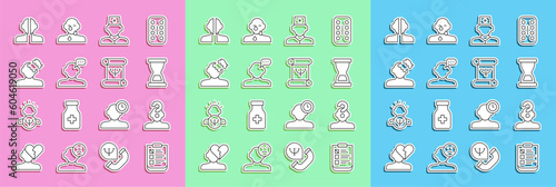 Set line Psychological test, Human with question mark, Old hourglass, Male doctor, Online psychological counseling, Solution problem psychology, Bipolar disorder and Psychology book icon. Vector