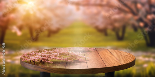 brown wooden table on the background of cherry blossom photos  generative AI