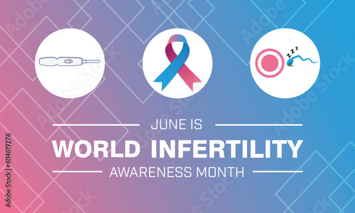 World Infertility Awareness Month design. It has blue and pink ribbon, a negative pregnancy test and a symbol of weak sperm. Vector illustration
