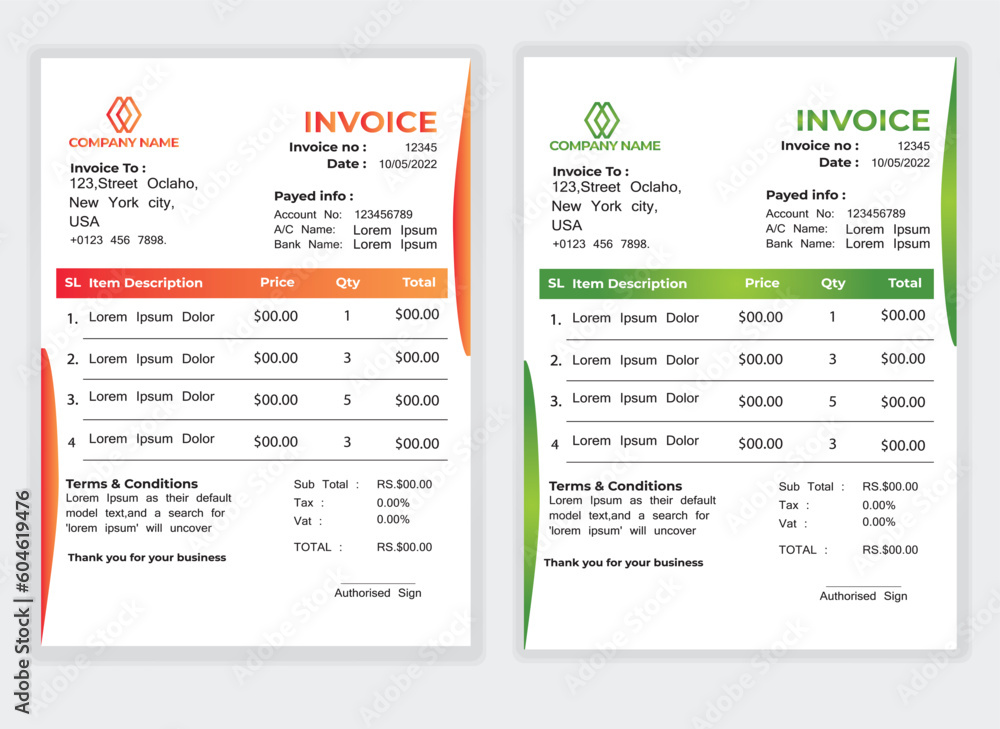 Business Minimal Corporate Invoice design template vector illustration bill form price . Creative template and stationery design payment agreement design template Cash Memo, Vector Quotation Design