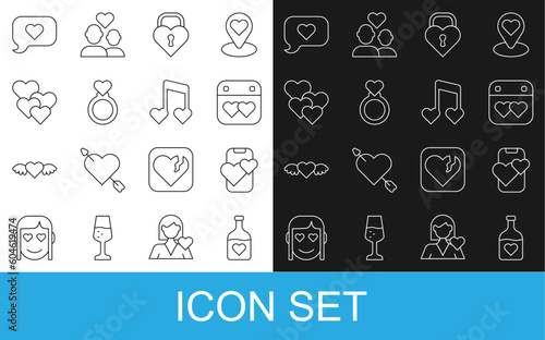 Set line Bottle with love potion, Dating app online mobile, Calendar heart, Castle the shape of, Wedding rings, Heart, speech bubble and Music note, tone hearts icon. Vector
