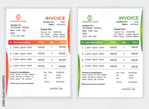 Business Minimal Corporate Invoice design template vector illustration bill form price . Creative template and stationery design payment agreement design template Cash Memo, Vector Quotation Design