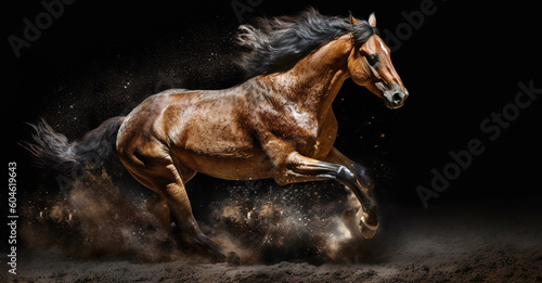 A brown horse running in the sand on a black background. Generative AI.