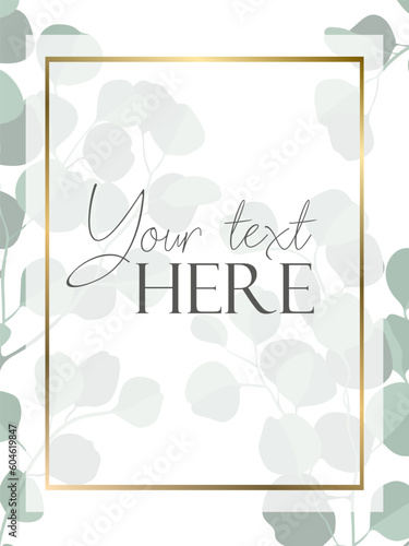 Flat style background template with eucalyptus branches on white background with golden frame