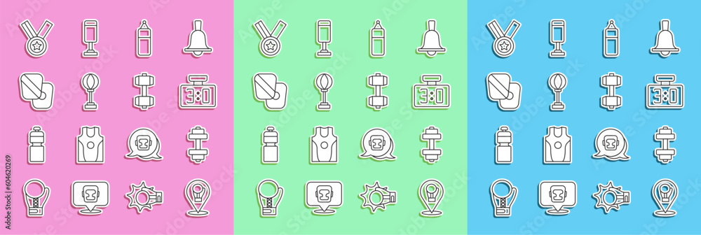 Set line Boxing glove, Dumbbell, Sport mechanical scoreboard, Punching bag, training paws, Medal and icon. Vector Set line Boxing glove, Dumbbell, Sport mechanical scoreboard, Punching bag, training paws, Medal and icon. Vector