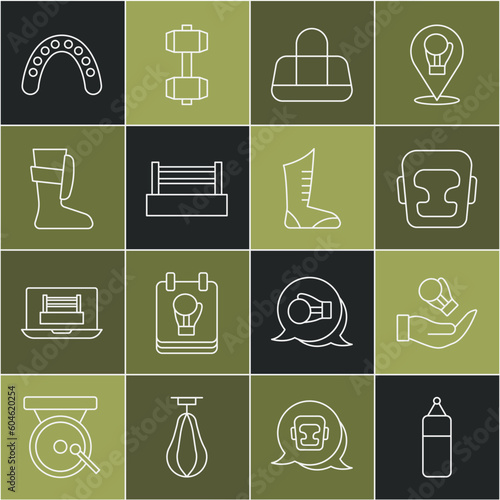 Set line Punching bag, Boxing glove, helmet, Sport, ring, boxing shoes, Mouth guard boxer and icon. Vector