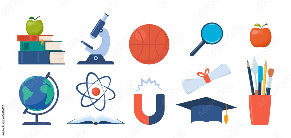 School, science and education icons. Microscope, atom, books, magnet, globe, basketball. Back to school. Vector illustration. School, science and education icons. Microscope, atom, books, magnet, globe, basketball. Back to school. Vector illustration.