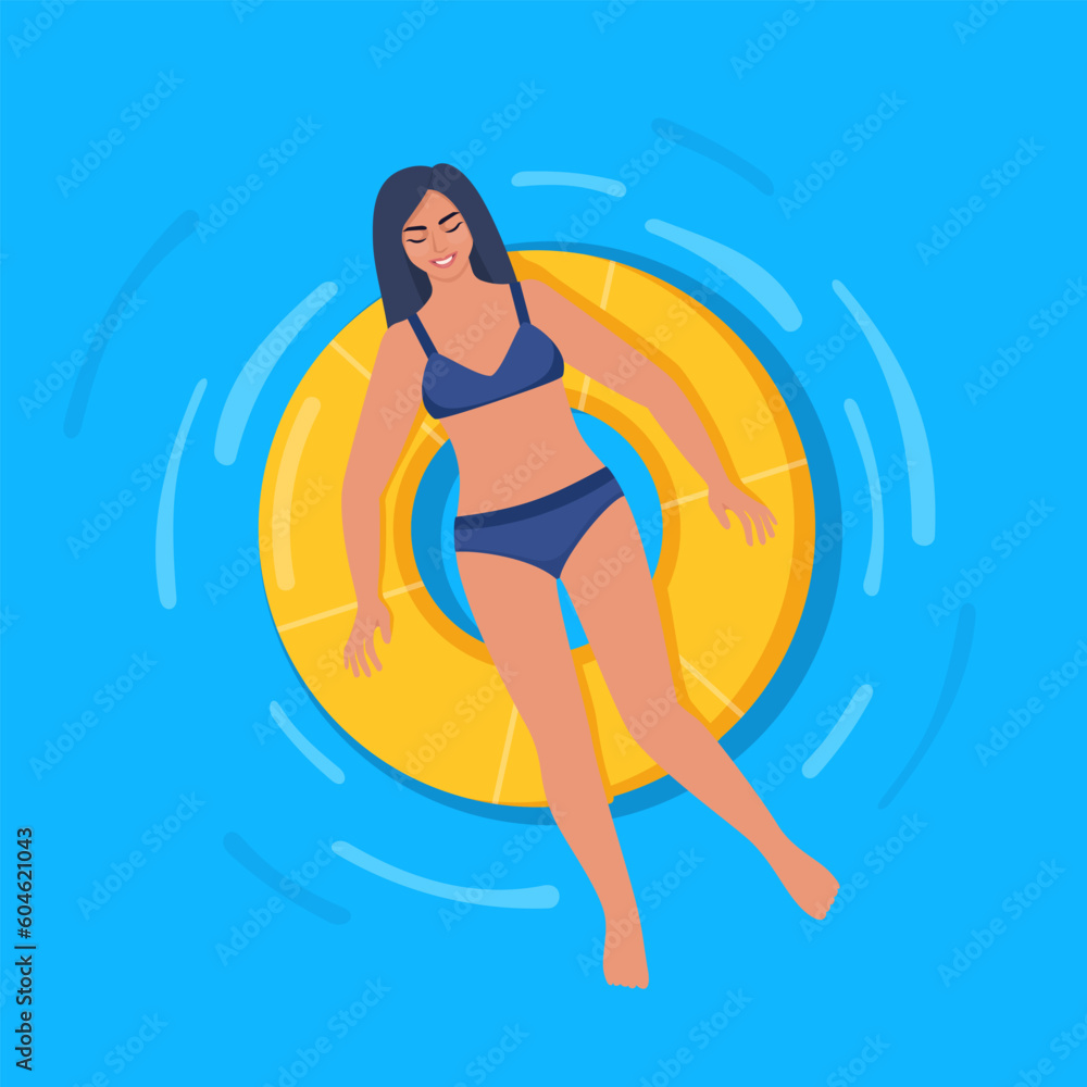 Happy woman in swimsuit floating on rubber ring in swimming pool or in the sea. Relaxation, enjoying life concept. Vector Illustration.