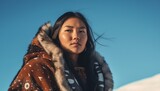 Portrait of Beautiful Young Native Eskimo Woman on Blue Sky Generative AI