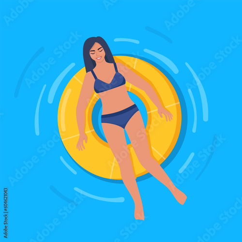 Happy woman in swimsuit floating on rubber ring in swimming pool or in the sea. Relaxation  enjoying life concept. Vector Illustration.